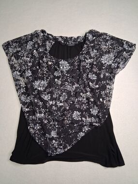 Clientele Black Floral Lace Overlay Short Sleeve Top